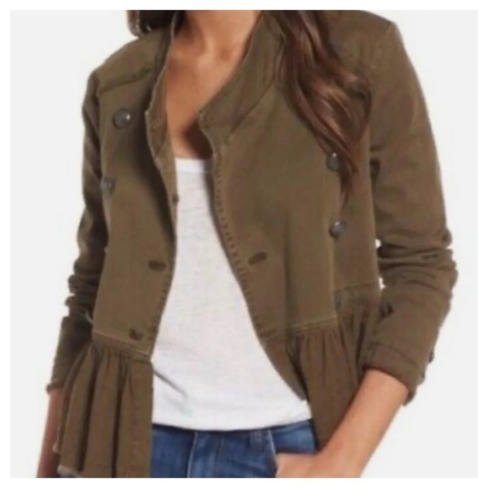 FREE PEOPLE Womens Olive Green Military Ruffle Hem Jacket Size S